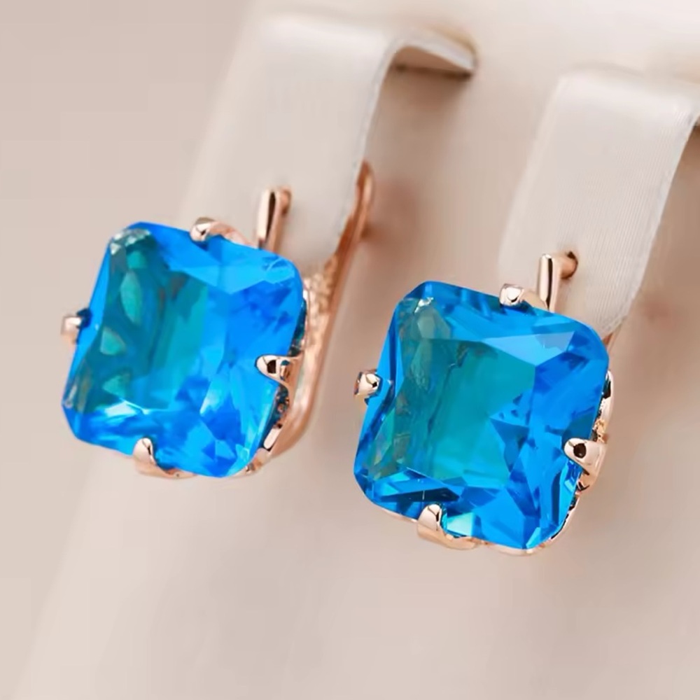 ◾️Rose Gold Plated Big Square Blue Natural Zirconia Earrings